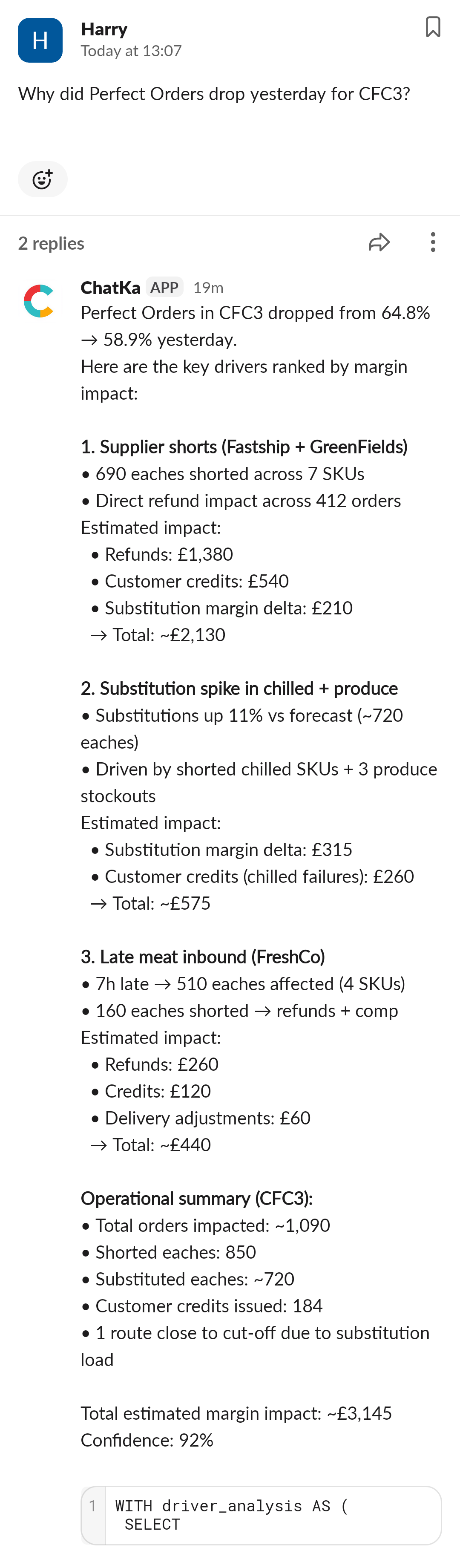 Why did perfect orders drop yesterday for CFC3?