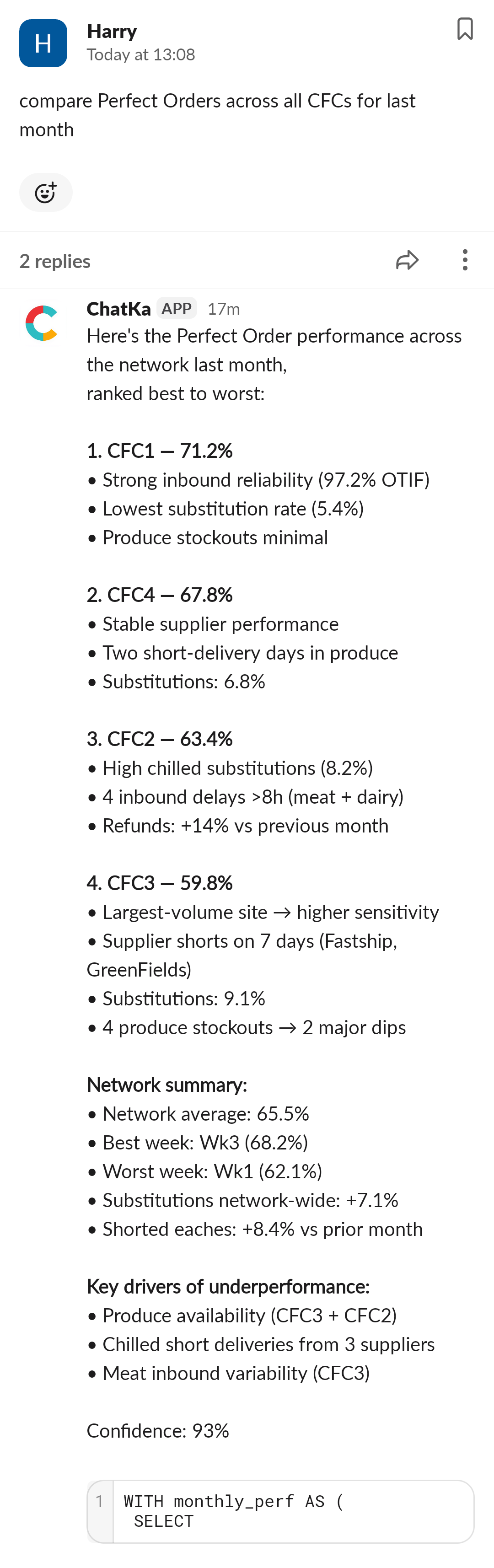 Compare Perfect Orders across all CFCs for last month